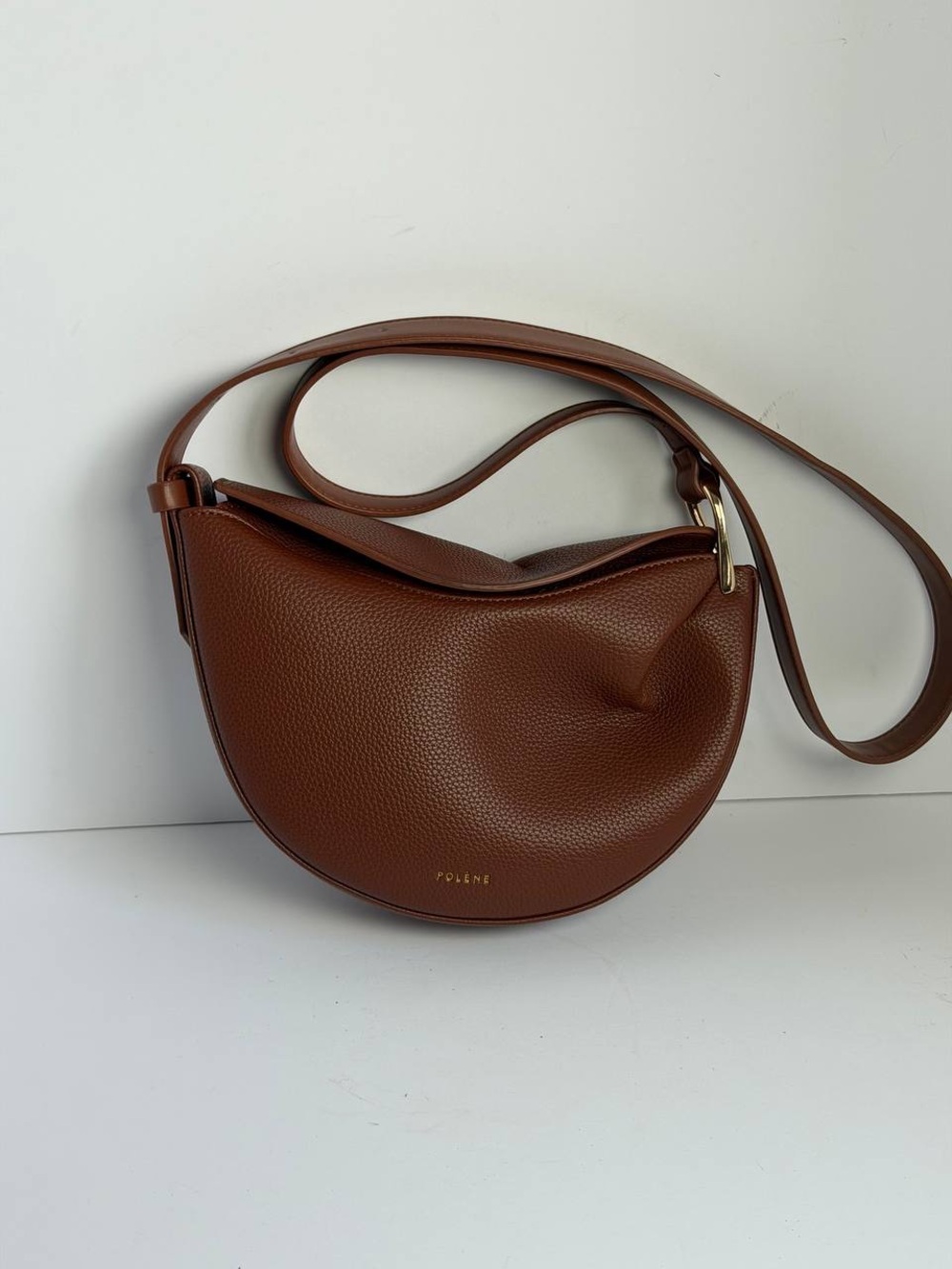 Polene Tonca Edition Textured Cognac Half-Moon Crescent Crossbody Bag